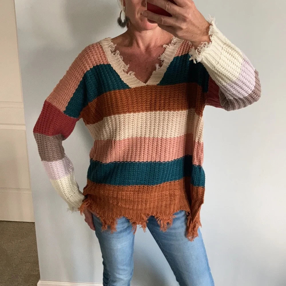 Oversized, Distressed Striped Sweater - Picture 2 of 8